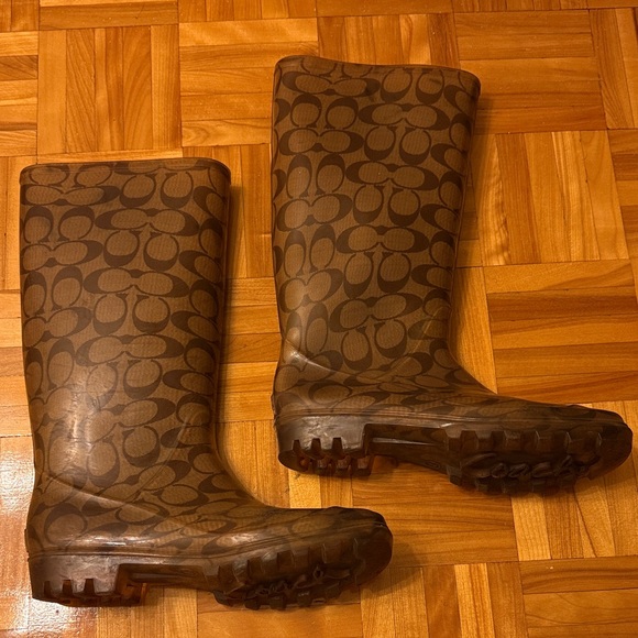 Coach Shoes - Coach Brown Patterned Knee-High rain Boots